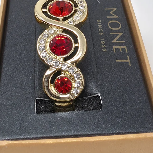 Monet Gold Tone Red Rhinestone Crystal Bangle Bracelet NIB - Picture 7 of 11